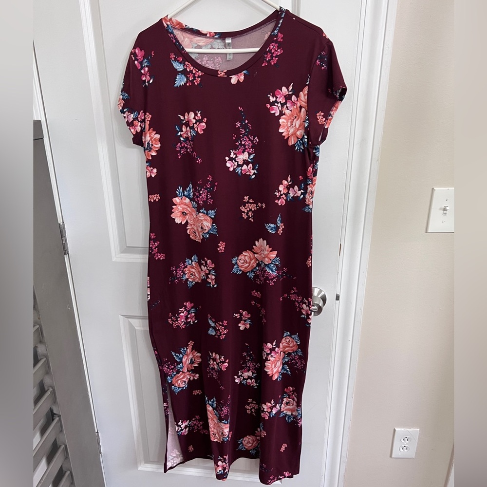Acting Pro Floral Burgundy Casual Midi Sundress